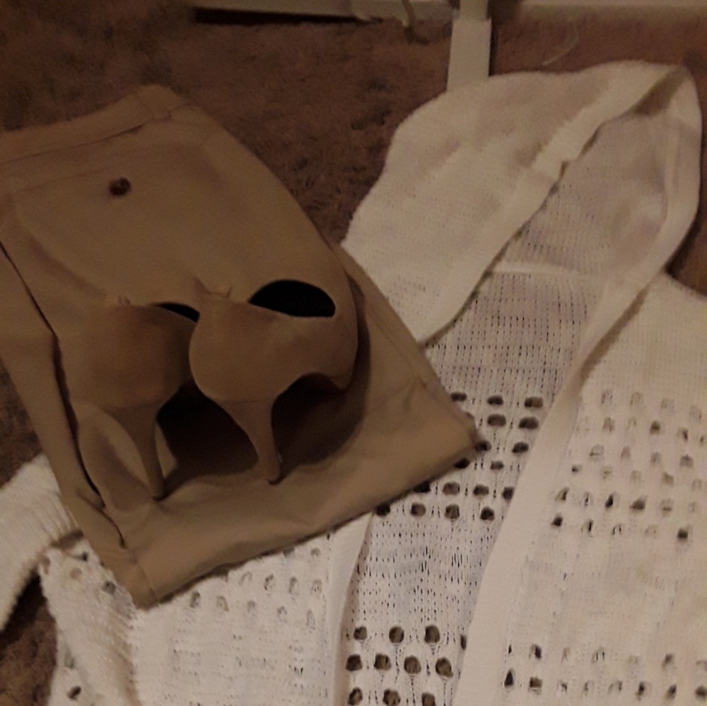 Brand new shoes. 7.5.   Tan dress slacks and cardi